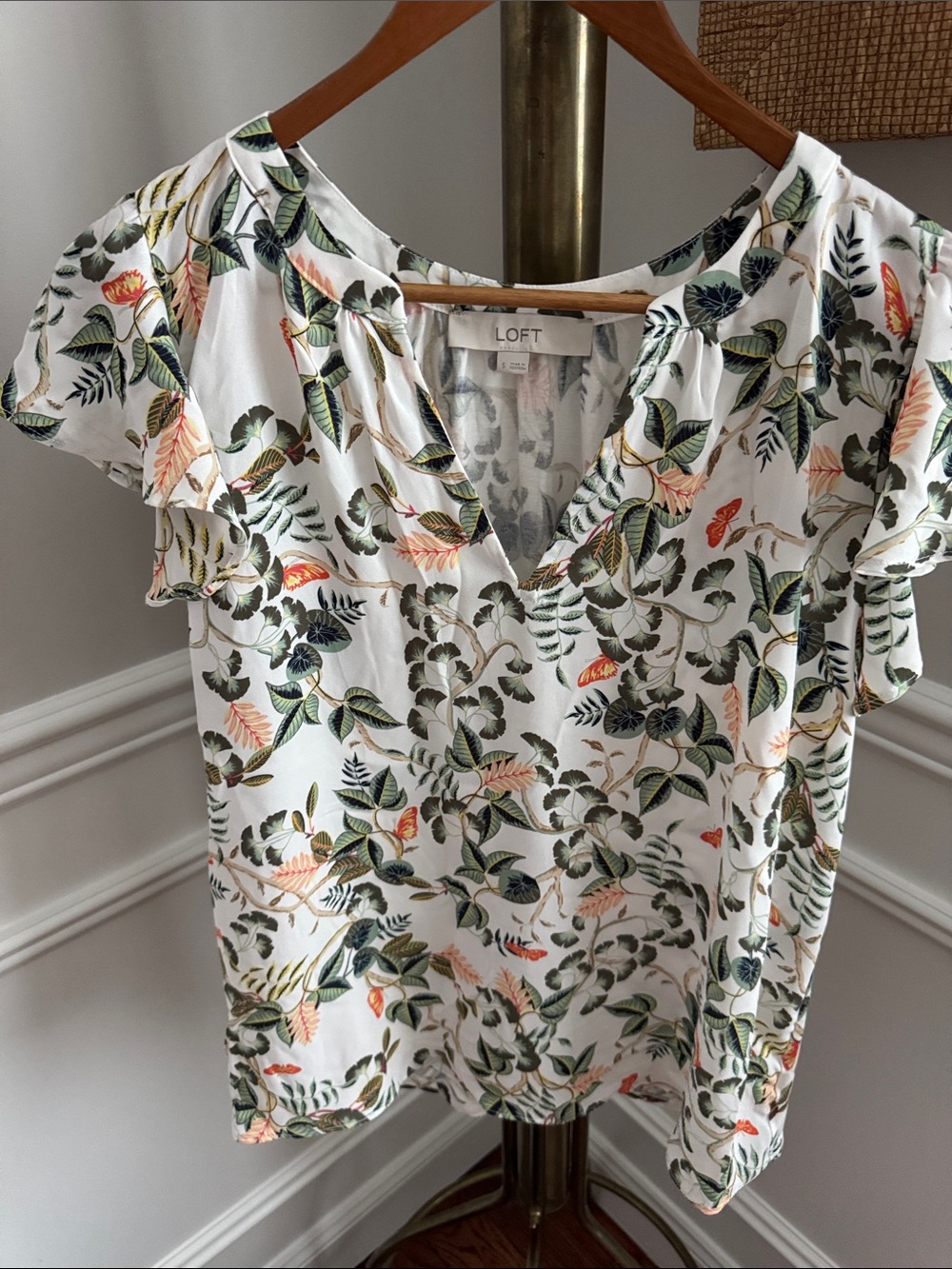 LOFT White Floral V-Neck Ruffle Sleeve Top